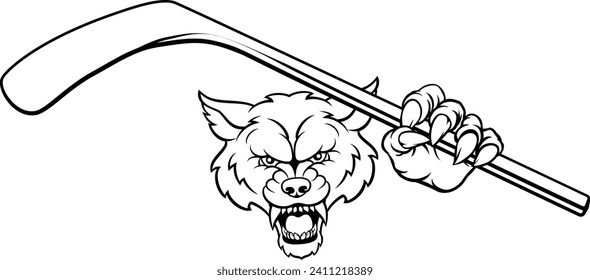 A wolf ice hockey player animal sports mascot holding a hockey stick