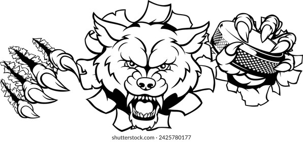 A wolf ice hockey player animal sports mascot holding a puck