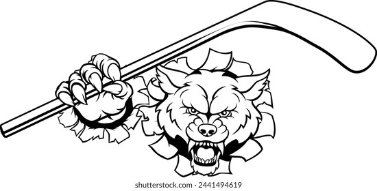 A wolf ice hockey player animal sports mascot holding a hockey stick