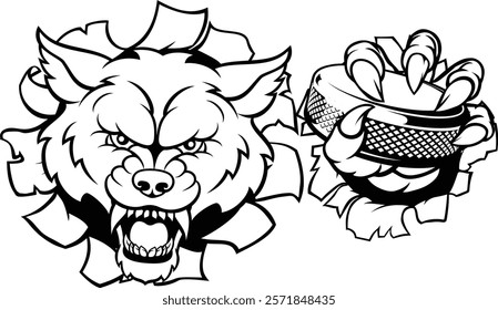 A wolf ice hockey player animal sports mascot holding a puck