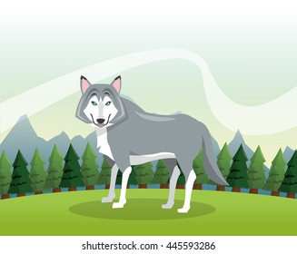 Wolf icon. Landscape background. Vector graphic