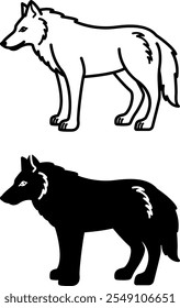 Iconos de lobo. Ilustraciones vectoriales blancas y negras. Grande mamífero depredador. Símbolo de devoción y valentía. Para el diseño de libros para colorear. Concepto animal