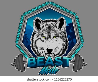 Wolf Illustration, fitness beast mode training, with grey background. Vector Illusration.