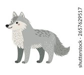 Wolf illustration in flat style and isolated on white for kids. Cute wolf design. Forest animals clipart