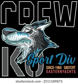 Ilustração de lobo com texto em estilo universitário urbano e textos coloridos gradiente, números em adesivos têxteis. Design para equipe de ginástica ou grupo. Design sazonal, de férias ou de praia.