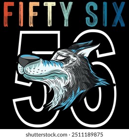 Wolf illustration with text in urban college style and gradient colored texts, numbers on textile patches. Design for gym team or group. Seasonal, holiday or beach design.