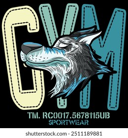 Wolf illustration with text in urban college style and gradient colored texts, numbers on textile patches. Design for gym team or group. Seasonal, holiday or beach design.
