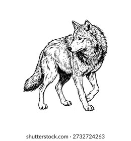 Wolf Illustration, Walking Wolf Side View