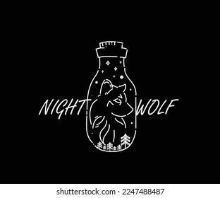 Wolf in the jar at night with monoline illustration