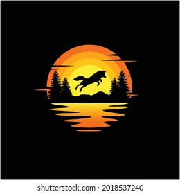 Wolf jump silhouette illustration vector animal logo design, Orange sunset cloudy ocean view