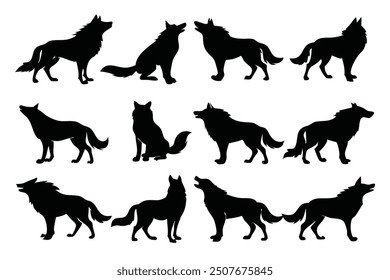 Wolf jump stand walk other pose black silhouette flat vector illustration.