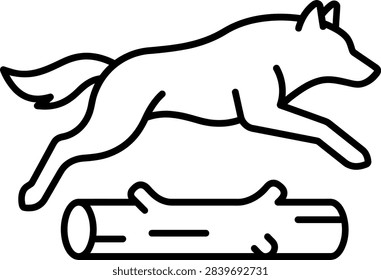Wolf Jumping Over Fallen Log Outline Wild Animal Agility Line Art Vector Illustration
