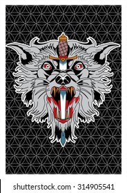 wolf with knife on ornament, vector tattoo 