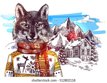 Wolf in knitted sweater in mountains. Vector illustration for greeting card, poster, or print on clothes. Fashion Style drawing. Hipster.