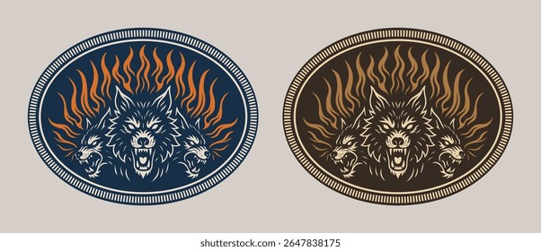 Wolf Label cinto fivela três cachorros lobos cabeças com fogo chamas selvagem oeste cowboy estilo marca design corajoso ousada coragem estilizada silhueta