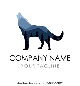 Wolf label Design Template consisting of forest background. Vector Illustration