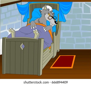 Wolf lays on a bed disguised in a grandmother's dress
