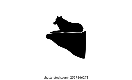 wolf leader sits on stone, black isolated silhouette