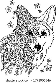 Wolf with leaves flowers and berries, fantasy drawing for coloring. Muzzle of the wolf, coloring book for children and adults. Vector drawing of a wolf.