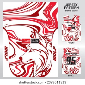 El lobo bordea el agua olas diseño de patrón blanco y rojo, ilustración, fondo textil para camisetas deportivas, camiseta de fútbol se burla del club de fútbol. vista frontal coherente