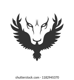 Wolf or lion face and bird icon