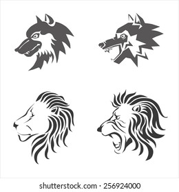 Wolf and lion heads stylized. Vector illustration.