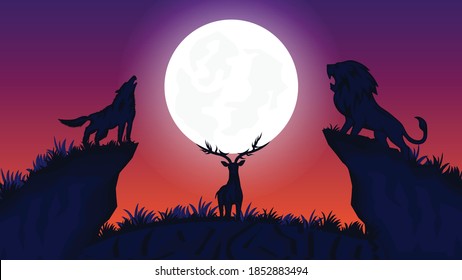 Wolf and Lion screaming at hunger looking at a deer.