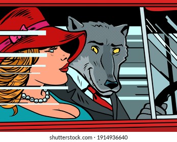 Wolf and Little Red Riding Hood in the car. Cartoon comic book pop art illustration drawing