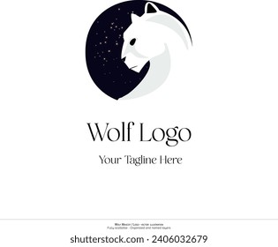 Wolf logo, Animal logo. vector illustration. minimalistic wolf drawing. Wolf with stars in background. Starry background.