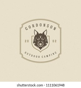 Wolf logo design vector illustration. Outdoor adventure leisure, wolf head silhouette shirt, print stamp. Vintage typography badge template.