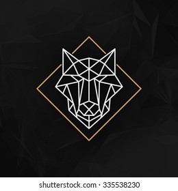 Wolf logo (Icon) - Vector illustration. Animal head in outline low poly style on the dark abstract geometric background.