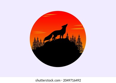 wolf logo illustration design with Full Moon and Wild Nature.