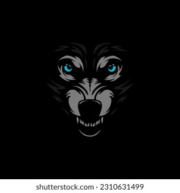 Wolf logo line pop art portrait colorful design with dark background. Abstract animal vector illustration.