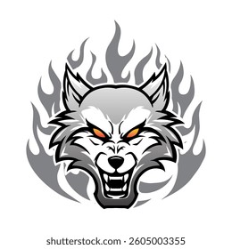 Wolf logo or mascot on grey fire background