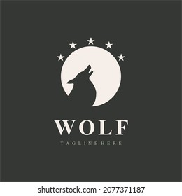 Wolf logo on moon and stars background. Vector illustration design template