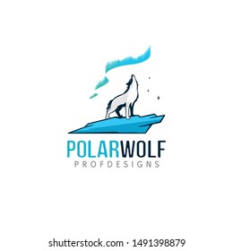 The wolf logo is roaring and aurora. The wolf logo icon floats on the snow ice.