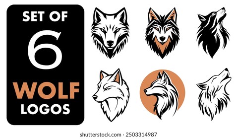 Wolf Logo Set, 6 Unique Designs - Flat Vector Illustration