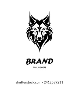 Plantilla de logotipo Wolf. Vector La vista frontal del lobo simétrico parece peligrosa. Icono de vector