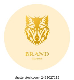 Wolf logo template. Vector. Golden yellow. Front view of a symmetrical wolf, looking dangerous. Vector icon