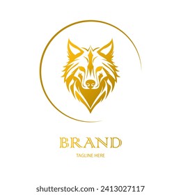 Plantilla de logotipo Wolf. Vector. Amarillo dorado. Vista frontal de un lobo simétrico, que parece peligroso. Icono de vector