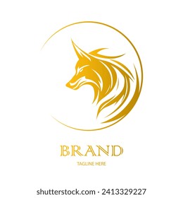 Wolf logo template. Vector. Golden yellow. Front view of a symmetrical wolf, looking dangerous. Vector icon