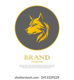 Wolf logo template. Vector. Golden yellow. Front view of a symmetrical wolf, looking dangerous. Vector icon