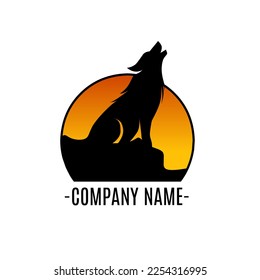 wolf logo, Wild animal at night graphic design illustration, Line art wolf style.