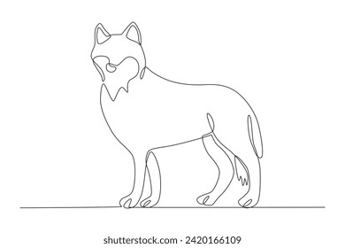 A wolf is looking for prey in the forest. Wolf one-line drawing