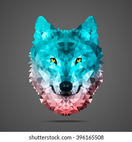 Wolf low poly portrait. Gradient Rose Quartz - Limpet Shell. Side light source. Abstract polygonal illustration.