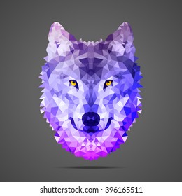 Wolf low poly portrait. Gradient purple. Side light source. Abstract polygonal illustration.