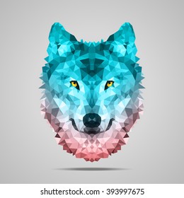 Wolf low poly portrait. Symmetric gradient Rose Quartz - Limpet Shell. Abstract polygonal illustration.