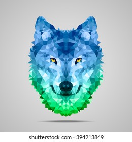 Wolf low poly portrait. Symmetric blue - green gradient. Abstract polygonal illustration.