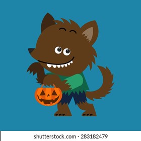 wolf man is standing and holding a pumpkin
