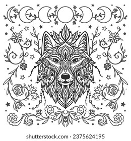 Wolf mandala. Animal Vector illustration. Adult or kids coloring book page in Zen boho style. Antistress Peaceful drawing. Black and white svg